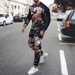 Men's Tracksuits 3d Digital Printing Round-neck Hoodies Trousers Trendy Sports Wind Flower Series Mens Clothes