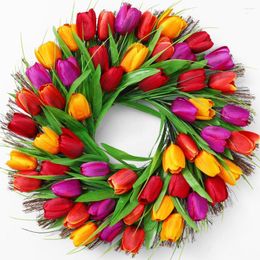 Decorative Flowers 2023 Spring Simulation Tulip Wreath Home Decoration Door Hanging Christmas Day Decorations Rattan Ring Wall