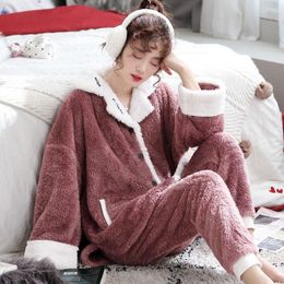 Women's Sleepwear Autumn Winter Fleece Warm Pajamas Korean Home Service Two Piece Casual Nightgown Flannel Trousers Suit Embroidered