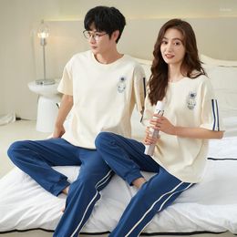 Men's Sleepwear Korean Cotton Pajamas Set Lovers Summer Spring Home Clothes Short Sleeves Long Pant Mens Women Pijamas Young Girl Boy