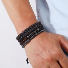 Bangle Fashion Wooden Bead Men Bracelet Multilayer Black Magnet Yoga Woven Adjustable Punk Bangles Jewellery Gift