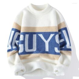 Men's Sweaters 2023 Spring Mohair Sweater Men Spliced Colour Letters Tight Knitted Warm Pullover Long Sleeve Knitwear