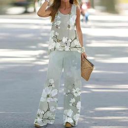 Women's Two Piece Pants Women 2 Outfits Boho Flower Print Round Neck Sleeveless Top Loose Wide Leg Set Fashion Casual Beach Suit