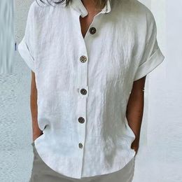 Women's Blouses Harajuku Vintage Solid Cotton Linen Blouse Spring Single Breasted V Neck Women Tops Summer Short Sleeve Loose Shirt Cardigan