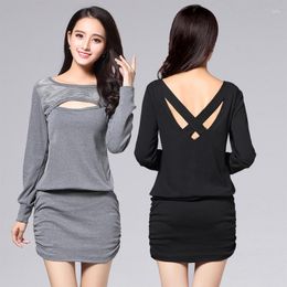 Casual Dresses Bodycon Autumn Backless Party Dress Tunics Cotton Slim Sexy Female Vestidos Mujer Black Grey Plus Size 3XL