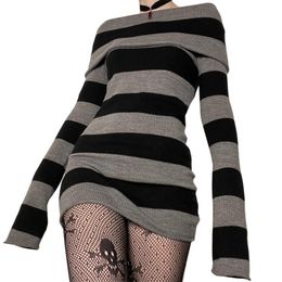 Basic Casual Dresses Y2K Striped Sweater Mini Dress Mall Goth Grunge Emo Bodycon Chic Women Off Shoulder Full Sleeve Slim Fit Dresses 00s Vintage 230717