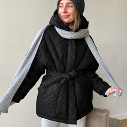 Women's Trench Coats Hooded Cotton Jacket Medium Length Diamond Plaid Belt Warm Down Style Coat Men
