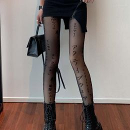 Women Socks Japanese Letter Sexy Black Stockings Fashion Streetwear Prints Thigh High Ladies Girls Tights