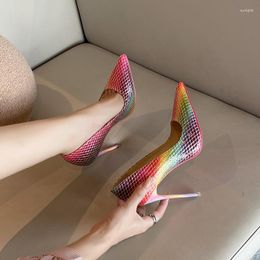 Dress Shoes Spring And Summer Pointy Toe Shallow Mouth Color PU Sexy Single Thin High Heel Catwalk Large Size Women's