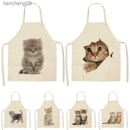 1Pcs Lovely Cat Pattern Kitchen Apron for Women Cotton Linen Bibs Household Cleaning Pinafore Home Cooking Aprons 53*65cm Q0009 L230620