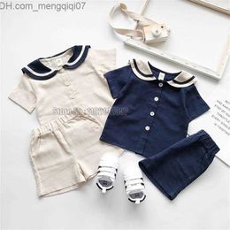 Clothing Sets Navy style children's sailor collar cotton linen T-shirt+pants 2-piece summer clothing set for boys and girls Z230717