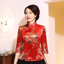 Ethnic Clothing Vintage Blouse Velvet Women Oriental Tops Retro Mandarin Collar Coat Red Floral Shirt Traditional Chinese Tang