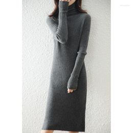 Casual Dresses High Collar Stripped Wool Dress Women's 2023 Autumn And Winter Slim Style Knitted Skirt Versatile Sweater