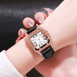 Wristwatches 2023 Fashion Womens Watches For Women Starry Square Rhinestone Quartz Wrist Watch Ladies Casual Black Leather