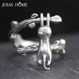 JoiasHome Thai Silver 925 Jewellery Opening adjustable Ring for Women Creative design Cat climb branch Cute Kitten Part Jewellery