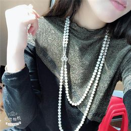 Chains Hand Knotted Natural 2strand 7-8mm White Fresh Water Pearl Zircon Micro Inlay Accessories Necklace