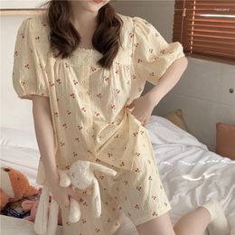 Women's Sleepwear Summer Women Square Collar Cute Lacework Cherry Short Sleeve Home Clothes Pajama Set Polka Dot Embroidery D415