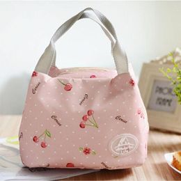 Storage Bags Portable Lunch Bag Tote Pink Cherry Insulated Cooler Zipper Organiser Box Oxford Fabric Outdoor Picnic