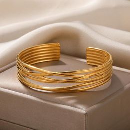 Bangle Stainless Steel Multilayer Lines Cross Cuff Bangles For Women Men Bold Jewellery Gold Colour Adjustable Open Accessories