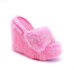 Slippers Brand Luxury new women feminine high-heeled fur drag outdoor all-match shoes slippers round head wedges with mink fur slippers L230717