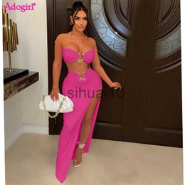 Women's Two Piece Pants Adogirl Metal Ring Two Piece Set Women Party Dress Strapless Crop Top High Split Maxi Skirt Summer Holiday Beach Outfits Suit J230717