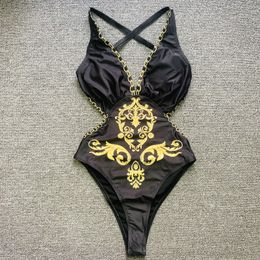 OnePiece Suit Beach Wear Swim Sexy Golden Print Swimsuit Swimwear Women Bikini DeepV Bathing Suits 230715