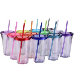 Mugs Acrylic Transparent Double Wall Tumblers Insulated Plastic Cup Cold Beverage Drinking Mug Reusable With StrawsMugs2100