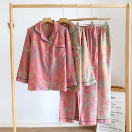 Women's Sleepwear Women Cotton Pajamas Suit Lapel Long Sleeve Double Layer Gauze Button Home Clothes