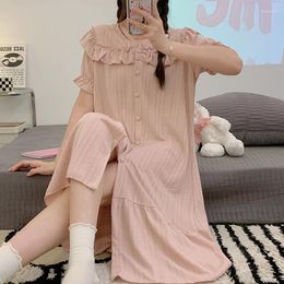 Women's Sleepwear Summer Fairy Lace Night Dress Women Sweet Sleepshirts Sexy Solid Colour Robe Short Sleeve Nightdress Cute V Neck Long