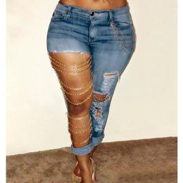 Women's Jeans Wepbel Ripped Skinny Hole Washed Pencil Denim Pants Summer Sexy Trousers Chain Decor Cutout