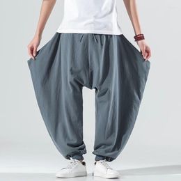 Men's Pants Street Clothing Back Waist Hip Hop Low Crotch Cotton Linen Jogging Wide Leg Long Fashionable
