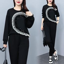 Women's Two Piece Pants Autumn Black Oversize Tracksuits Casual Pantsuit Set Long Sleeve Tops Fashion Sportswear Calf-Length Size Big 4XL