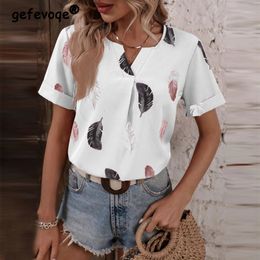 Women's T-Shirt Women's Clothing Summer Fashion Feather Print Elegant T-shirts Trendy Y2K Casual V-neck Short Sleeve Loose Streetwear Tops 230717