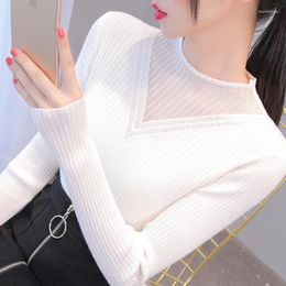Women's Sweaters Spring Half Turtleneck Mesh Lace Bottoming Shirt Slim Fit Sweater Rhinestone Inner Knitted Tee Top Ladies E475