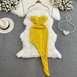 Casual Dresses Summer Fashion Yellow Sequined Party Dress Women Sexy Strapless Sleeveless Chest Padded High Waist Irregular Evening Club