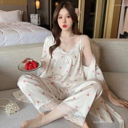 Women's Sleepwear 3PCS Pajamas Set LOVE Print Women Bathrobe&Cami&Pants Pyjamas Suit Loungewear Lace Satin Kimono Robe Home Clothes