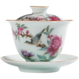 Big Bird Tea Bowl with Saucer Lid Kit Art Garden Pastrol Ceramic Porcelain Flower Master Tea Tureen Drinkware Gift Home Decor Craf311W