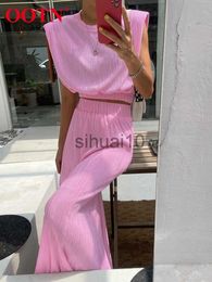 Women's Two Piece Pants OOTN Pleated Elegant Skirt Sets O-Neck Shoulder Pads Tank Top Summer Outfit Elastic Waist Trumpet Long Skirts Women Suits Street J230717