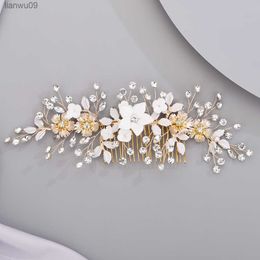 Shine Beautiful Flower Head Jewellery Women Wedding Hair Accessory Gold Brides Tiaras And Headdresses Handmade Leaf Girl Hair Comb L230704