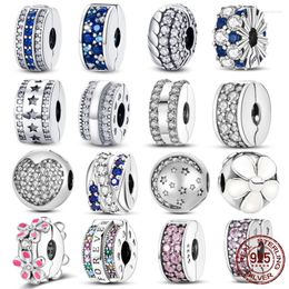 Loose Gemstones Silver Clasp 925 Sterling CZ Pave Clip Charms Daisy Beads Stopper Fit Original Bracelet Jewellery 1