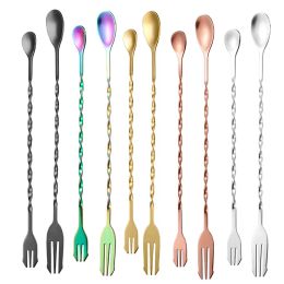 Stainless steel double heads spoon forks titanium -plated long handle stirring spoons ice cocktail bartender bar spoon fruit forks 26cm 32cm JY17