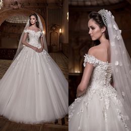 A Line Wedding Off The Shoulder 3D Floral Appliques Bridal Gowns Floor Length Custom Made Lace-Up Back Bride Dress 0505