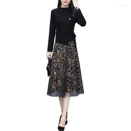 Casual Dresses 2023 Autumn Knitted Dress Women Mid-length Slim Leopard Print Mesh Lace Stitching Base Brooch Female Sweaters N545