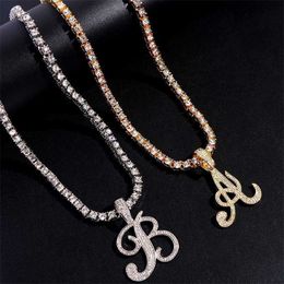 Pendant Necklaces Fashion Iced Out a z Cursive Initial Letter Necklace for Women Bling Paved Rhinestone Tennis Chain New Jewelry 230613