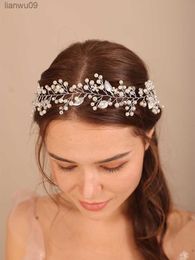 Pearl Rhinestone Flower Bridal Tiara Headband Trendy Alloy Leaf Wedding Hair Accessories Handmade Headpiece for Women Headdress L230704