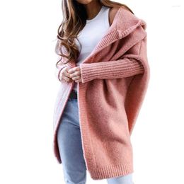 Women's Knits Winter Jacket Solid Color Cardigan Long Sleeves Open Stitch Soft Fabric Hooded Knitting Patchwork Elastic Lady Coat Daily Wear