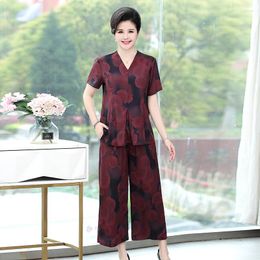 Women's Two Piece Pants Elegant Set Woman 2 Pieces 2023 Short Sleeve Blouse Women High Waist Wide Leg Trouser Suits Loose Summer Sets Womens