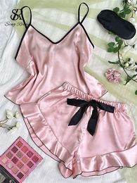 Women's Tracksuits SINGREINY Sexy Camis Pants Sets 2023 Summer V Neck Slim Tops Bow Elastic Shorts Home Wear Silk Fashion Shapewear 2 Pieces