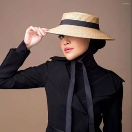 Wide Brim Hats Tie Neck Straw Beach Hat For Women Fashion Catwalk Modeling Low Top