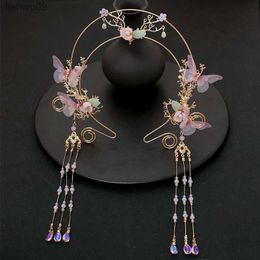 Chinese Hanfu Headdress Pink Butterfly Beads Tassel Headband L230704